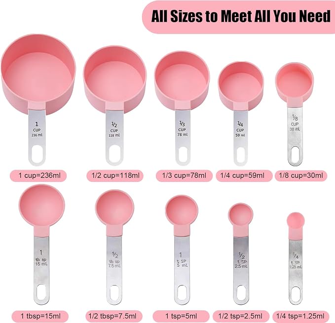 Measuring Cups and Spoons Set, 10-Piece, Pink | Stackable Nesting Design, Stainless Steel Handles, For Cooking, Baking & Meal Prep