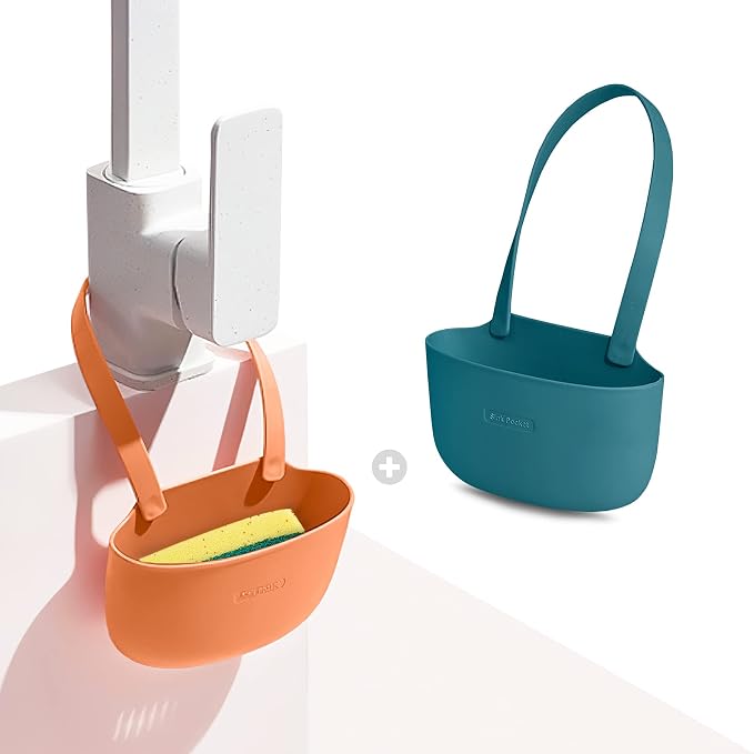 Sophie & Panda Silicone Sponge Holder for Kitchen Sink Bags Set of 2 - Easy to Use Soap Holder No Installation Needed Kitchen Sink Caddy - Kitchen Sink Organizer Set of 2 Green and Orange
