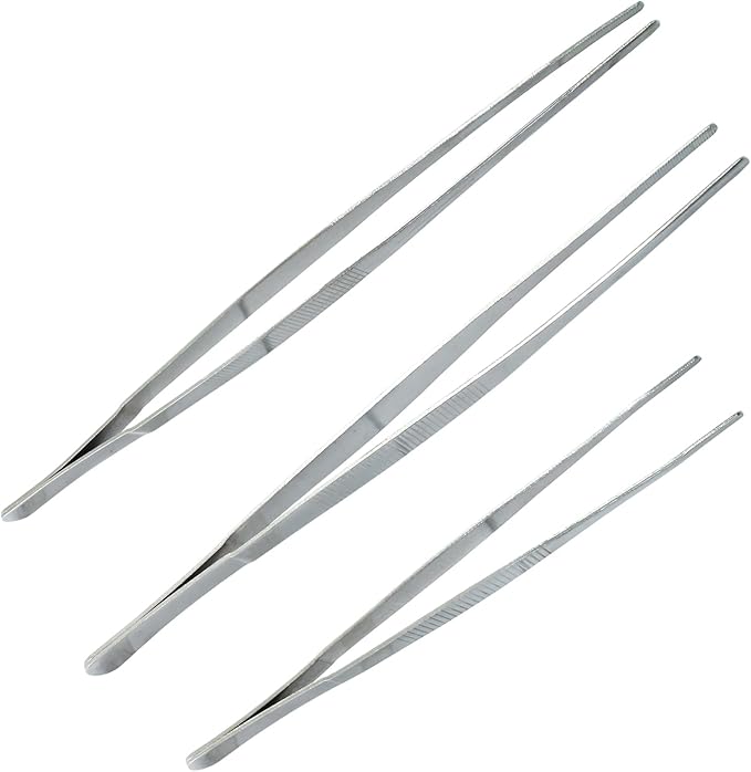 3Pcs Stainless Steel Tweezer Set (8" 10" 12"), Kitchen Tweezers Tongs, Cooking Tweezers with Precision Serrated Straight Tips, Long Handle Food Tweezers for Culinary, Bar, BBQ, Plating