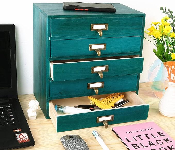GoooodGIFT Wooden Drawers Small Wooden Box with Drawer, Blue | 5 Drawer Wood Storage Box , Vintage Desktop Organizer with Drawers, Desk Organizers for Library Card Catalog Cabinet