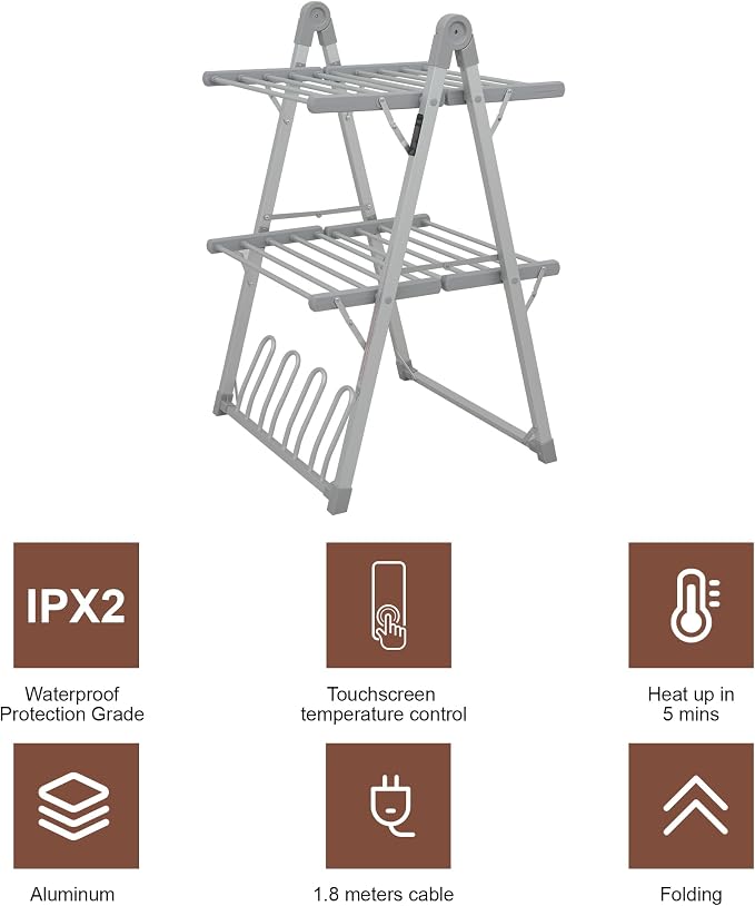 Electric Heated Clothes Drying Rack,Foldable Heated Garment Dryer with Timer Shut-Off Laundry Rack for Clothes Shoes Socks,Aluminum Alloy,Silvery Gray,Plug & Play,(39.37x25.98x23.82in)
