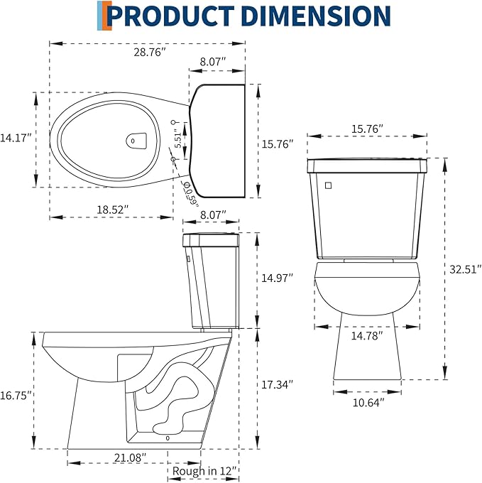 Two Piece Toilet with 17" ADA Height, Elongated Ceramic Bowl without Lid - Side Push Handle, CUPC Certified, Water Efficient 1.28 GPF