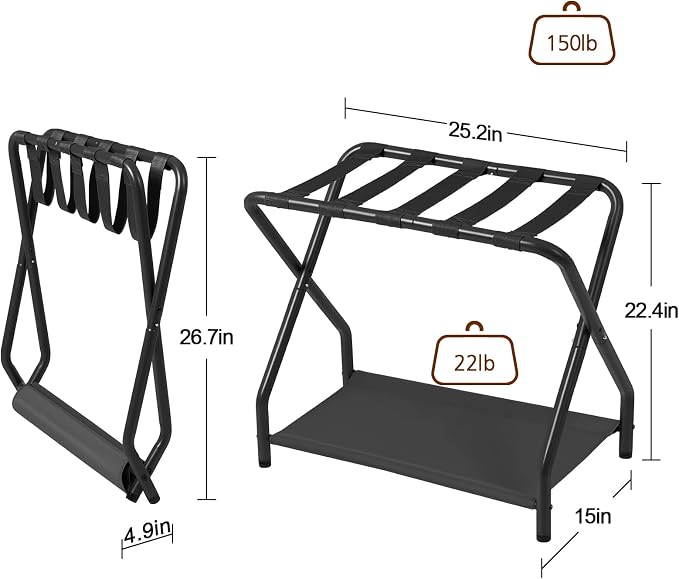 AMHANCIBLE Luggage Rack, Set of 2, Foldable Suitcase Stands for Guest Room | Metal Luggage Holder with Storage Shelf for Bedroom, Hotel, Easy Assemble, Black