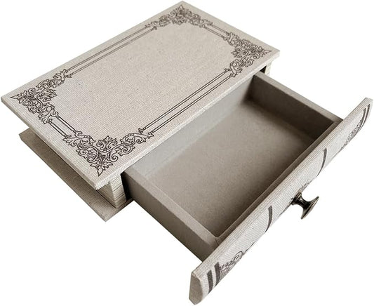 Vintage Book Storage Box with Drawer, Natural Linen-Textured Cover with Classic Frame Pattern, Hidden Organizer for Jewelry, Keepsakes or Desktop Use 9.5″ x 6.7″ x 2″