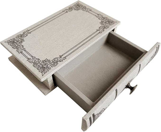 Vintage Book Storage Box with Drawer, Natural Linen-Textured Cover with Classic Frame Pattern, Hidden Organizer for Jewelry, Keepsakes or Desktop Use 7″ x 5″ x 1.6″