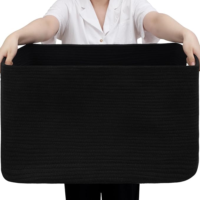 Optish 95L Large Blanket Basket, Woven Storage Baskets with Reinforced Handles, Rope Laundry Basket for Living Room, Bedroom, Nursery, Toys, Clothes,Pillows, 24” x 17” x 13.5”, Black