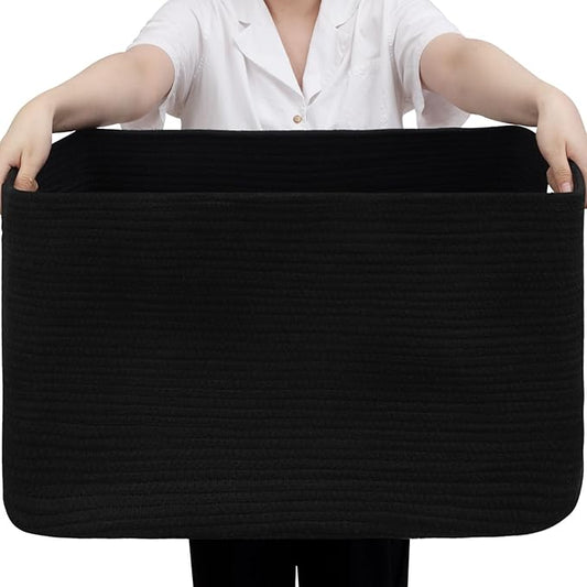 Optish 95L Large Blanket Basket, Woven Storage Baskets with Reinforced Handles, Rope Laundry Basket for Living Room, Bedroom, Nursery, Toys, Clothes,Pillows, 24” x 17” x 13.5”, Black