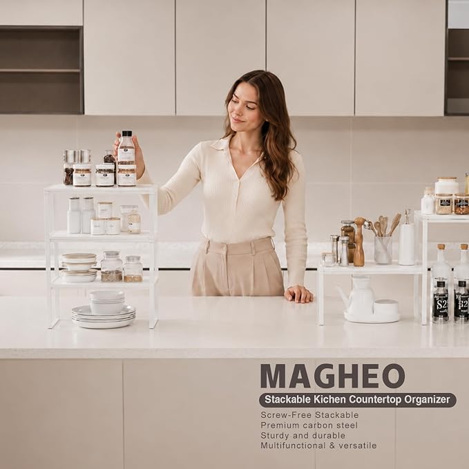 Magheo Cabinet Organizer Shelf Riser, Stackable Spice Rack for Countertop/Cabinet, Pantry Organizers and Storage, Heavy Duty Kitchen Counter Shelves for Seasonings,Bowls,Coffee Makers (3 Pack, White)