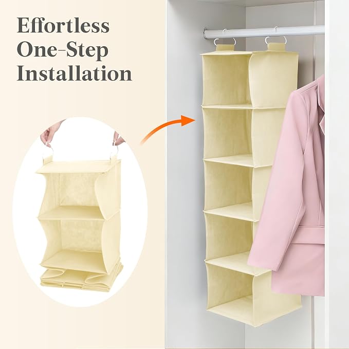 Lifewit 5 Tier Hanging Closet Organizer and Storage for Shelves, Foldable Clothes Shelf with 2 Sturdy Hooks, Sweater/Coat/Shoes Clothing Organization for Wardrobe, Dorm, Bedroom, Beige
