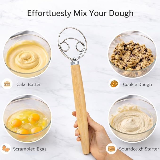 2Pcs Danish Dough Whisk & Bread Lame for Sourdough Bread – Wooden Handle Dough Whisk Mixer and Bread Scoring Tool, Artisan Sourdough Baking Tools & Bread Baking Supplies