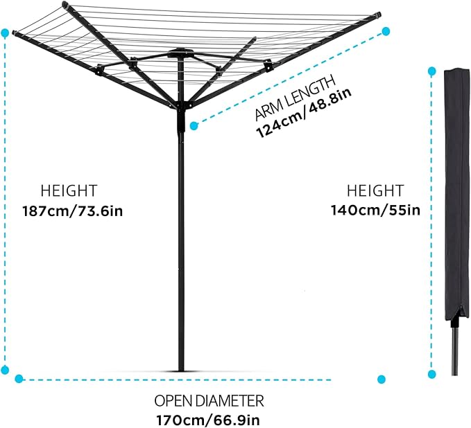 65ft 4-Arm Rotary Umbrella Clothesline Adjustable Height for Backyard | Heavy duty retractable outdoor drying rack with 12 lines, adjustable height, great for backyard laundry drying