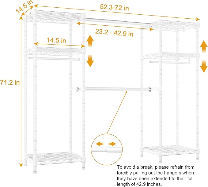 Ulif E7 Heavy Duty Garment Rack, Clothes Organizer and Storage Rack with Expandable Hangers, Metal Clothing Rack with 6 Wire Shelves, (52.3"-72") W x 14.5" D x 71.2" H, Load 838 LBS, White