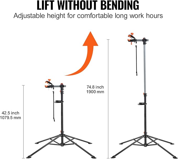 VEVOR Bike Repair Stand, 4-Leg Steel Bicycle Repair Stand, 42.5"-74.8" Adjustable Height Bike Maintenance Work Stand with Magnetic Tool Tray, Foldable Bike Service Stand for Home, Shop (Max 80 Pounds)