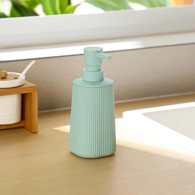 YAUKPH Small Soap Dispenser for Bathroom and Kitchen Matte Light Green | Modern Farmhouse Striped Style Plastic Hand Soap Dish Soap Dispenser with Pump