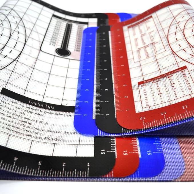 4 Pack Full Size 24.5"x16.4" Silicone Baking Mat with Measurements for Oven Baking 450F (Red), Non-Stick Food Safe Dough Pie Fondant Oven Liner, Extra Thick 0.7MM 24GA