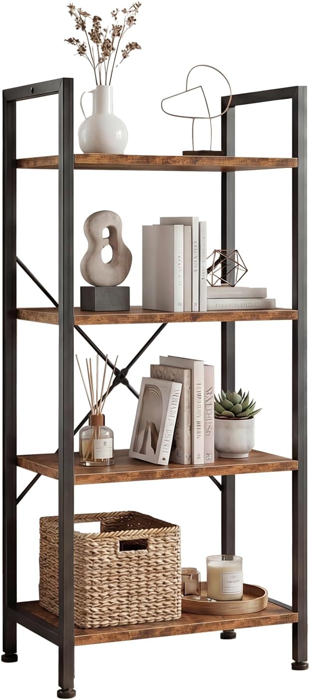 DUMOS 4-Tier Bookshelf, Tall Bookcase, Storage Organizer | Open Storage Display Shelf for Living Room, Bedroom, Home Office, Narrow Standing Shelving Unit for Books, CDs, Décor Brown