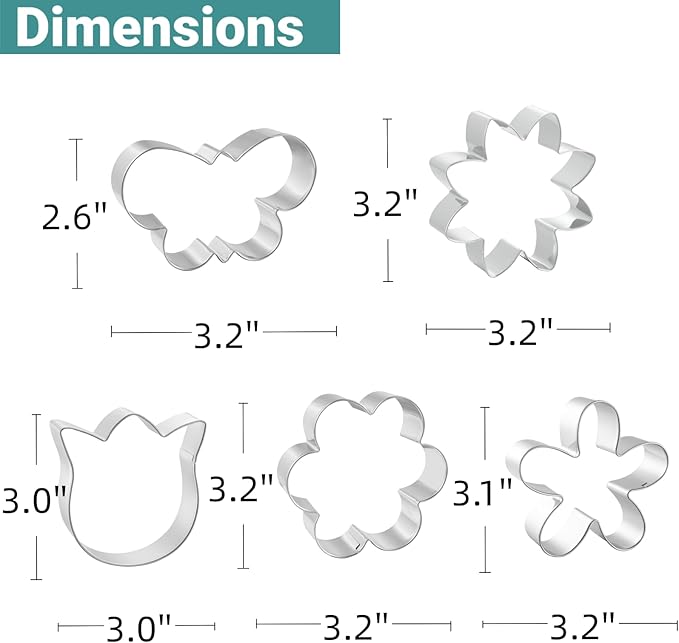 JOB JOL Flower Cookie Cutters 5 PCS, Butterfly, Sunflower, Tulip, 3'', 3.25''