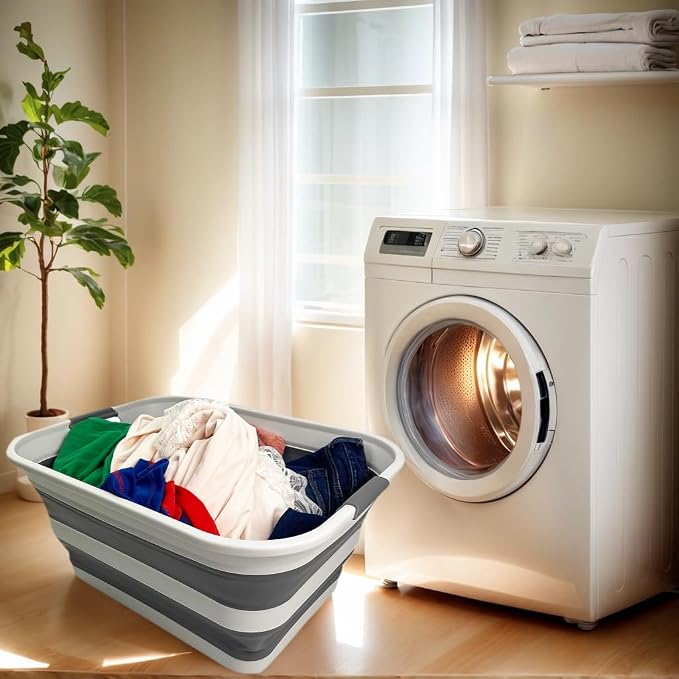 SAMMART Collapsible Plastic Laundry Basket - Foldable Pop Up Storage Container/Organizer - Portable Washing Tub - Space Saving Hamper/Basket (Grey/Steel Grey, 42L)