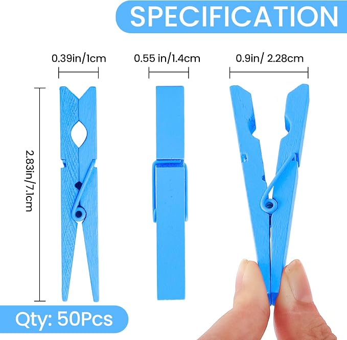 50PCS Colored Wooden Clothespins 2.9 Inch Color Clothes Pins for Pictures | Colorful Close Pins Wood for Photos Classroom School Decoration Craft Cheer, Deep Blue
