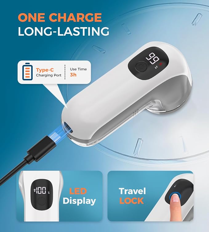 BEAUTURAL Fabric Shaver and Lint Remover, Portable Sweater Defuzzer | Rechargeable, 3 Speeds, 6 Leaf Blades, Digital LED Display, Remove Pilling for Clothes, Furniture, Couch, Blanket
