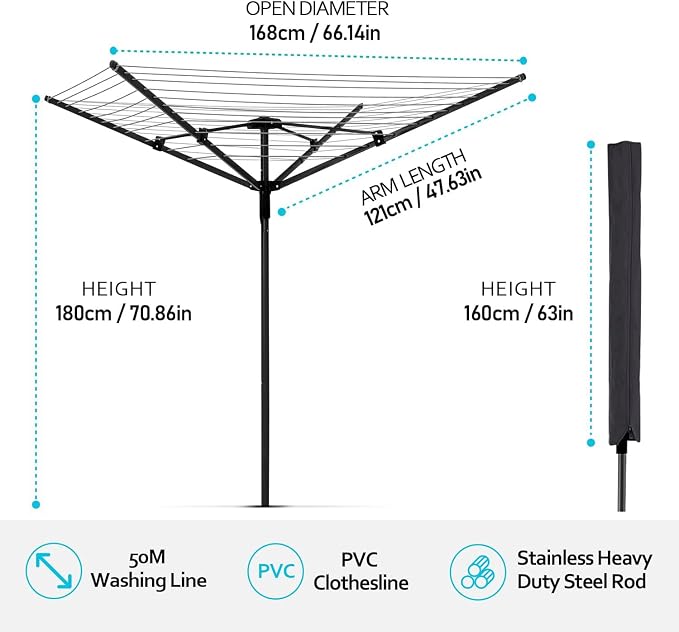 Nisorpa Rotary Outdoor Umbrella Drying Rack Adjustable Height Clothesline w/Waterproof Protective Cover Folding Rotary Dryer with 4-Aluminum Arms and Steel Post 12-Lines with 165 ft Clothesline