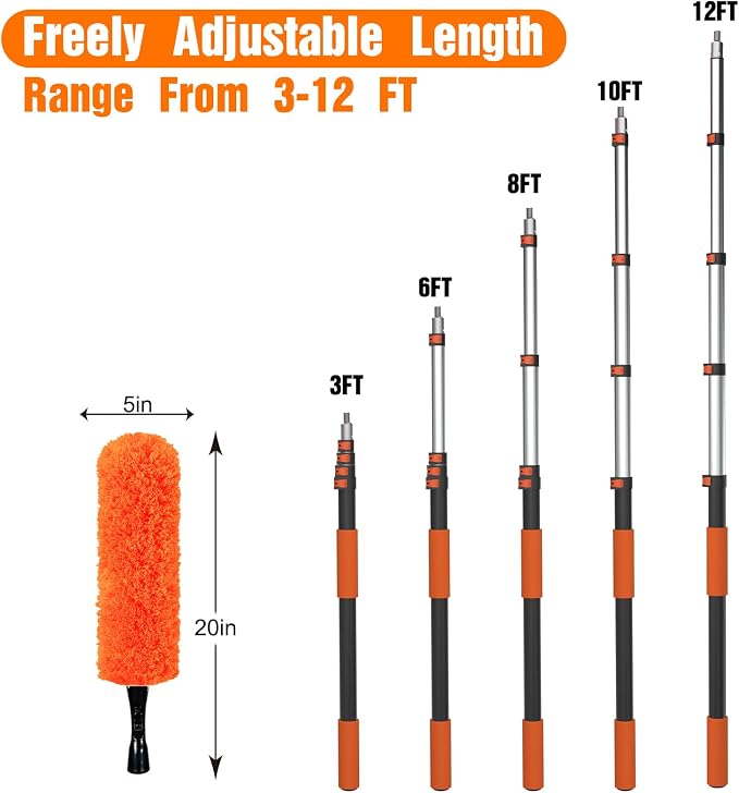 LAANPOLE 20FT Reach Dusters for Cleaning, Ceiling Fan Cleaner Duster with Extension Pole, Wall and Baseboard Cleaner Mop with Handle for Window Cobweb Fan Blade and High Ceiling