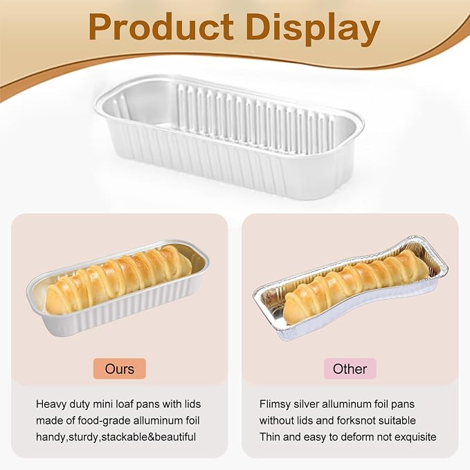 Mini Loaf Pans With Lids And Spoons 100 Pack,6.8 Oz Rectangle Mini Individual Cake Tins, Disposable Small Aluminum Foil Baking Pans, Baking Containers for Party and Picnics (White)