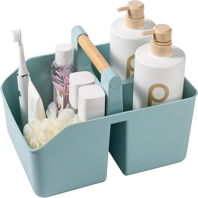 rejomiik Portable Shower Caddy Basket with Bamboo Handle, Plastic Cleaning Caddy Bathroom Organizer Tote for College Dorm Essentials, Bath Toy Storage, Blue