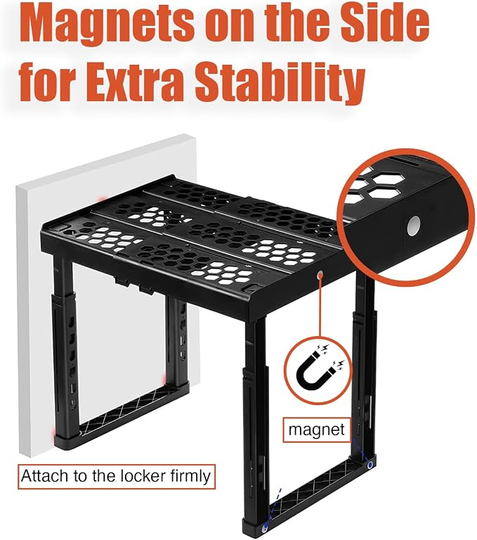 Piffny Locker Organizer Shelf， Adjustable Width and Height, Stackable, Ideal Locker Shelf for School, Office, Gym Lockers, or Even Kitchen Cabinets & Under Sink Organization (Black 1 Pack)