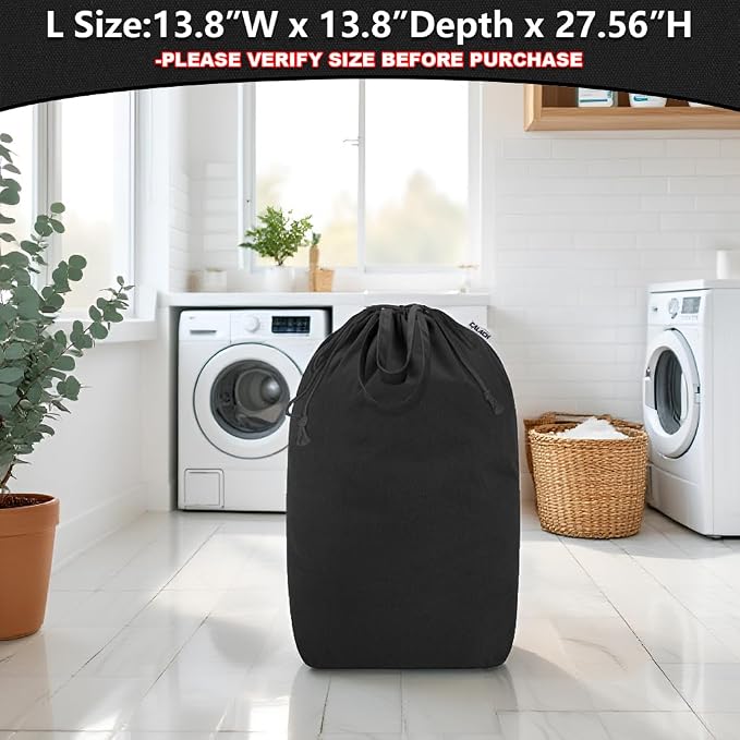 Canvas Laundry Bags with Handles & Square Base 13.8"Wx13.8"Dx27.6"H, Black | Large Heavy Duty Laundry Hamper Bag, Washable Drawstring Dirty Clothes Sack for College Dorm, Home Storage