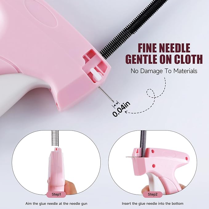 Pink and White Stitch Gun for Clothes - Quick Stitch Sewing Gun for Clothing Fixer Includes 2000 Black Fasteners & 2000 White Fasteners with 6 Need