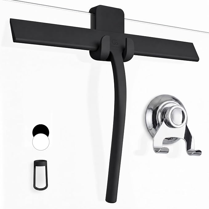 GÜTEWERK Silicone Shower Squeegee for Glass Doors & Mirrors with Stainless Steel Core, Streak-Free & No-Squeak Window Cleaning, 3-in-1 No-Drill Mount (Hook/Suction/Adhesive),Black, 13 Inches