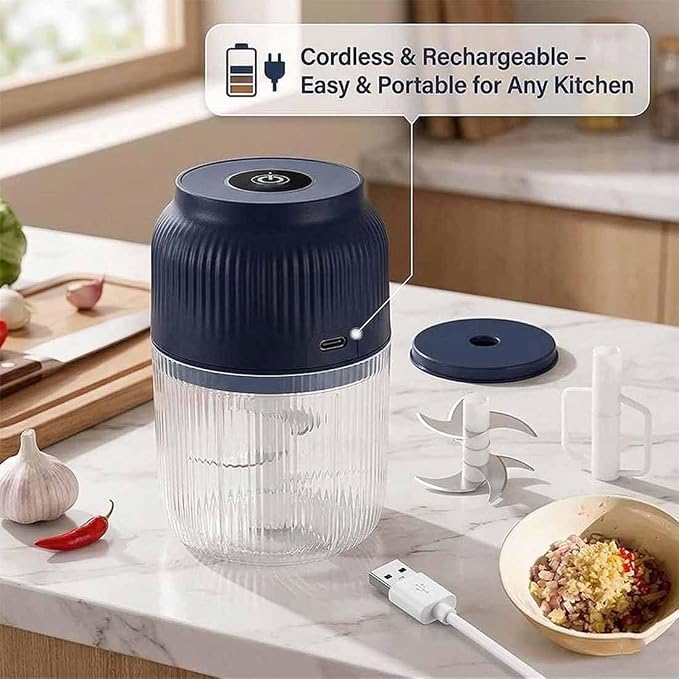 Household Electric Garlic Crusher, 400ml Mini Electric Food Chopper, Portable Mini Food Processor with 6 Blades, Wireless Electric Garlic Chopper for Ginger, Chili, Fruit, Meat, etc (3 Blades Blue)