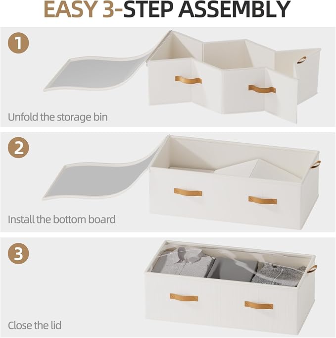 FHSQX 4 Pack Under Bed Storage Bins- 10 Inch Tall Underbed Clothes Storage Containers with Clear Window for Closet, Bed Sheets and Blankets (White, 31.5x15.8x10 inch)