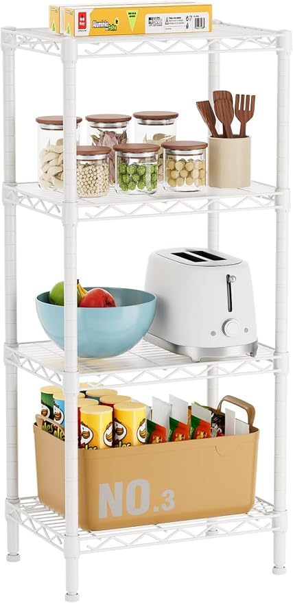 Golpart 4Tier Adjustable Storage Shelves Metal Wire Shelving Standing Shelf | Utility Heavy Duty Unit Rack Closet Organize for Home Kitchen Laundry Room Organization Pantry 11.6"Dx17.6"Wx44"H White
