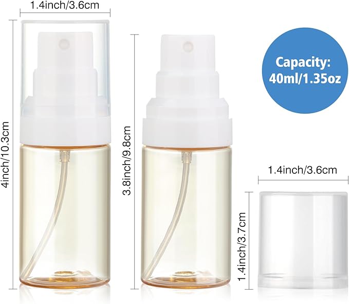 Travel Spray Bottles 2 Pack 1.35oz Small Fine Mist Spray Bottles, Portable Refillable Plastic Travel Bottle Set for Toners, Perfume, Rose Water