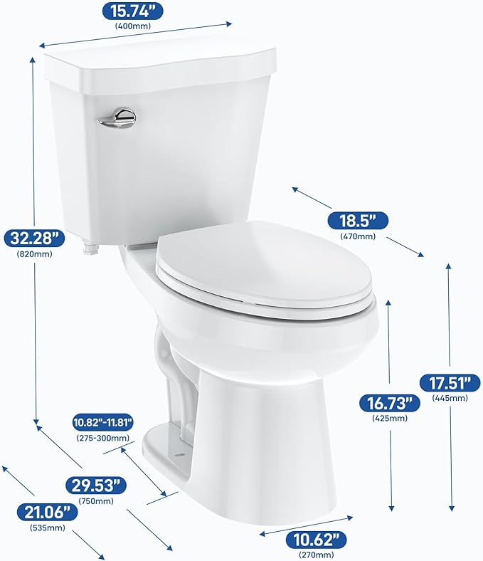 Two-Piece Toilets for Bathrooms, Comfort ADA Height 17.5", Elongated with Under-Locking Lid, Soft Close Seat, Powerful Flush 1.28 GPF