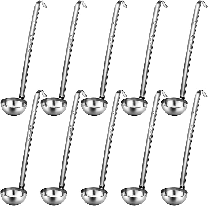 Potchen 10 Pcs Stainless Steel Soup Ladle Set Small Ladle Sturdy Long Handle Portion Control Serving Spoons for Cooking Sauce Gravy Stirring & Kitchen Home Use(2 oz)