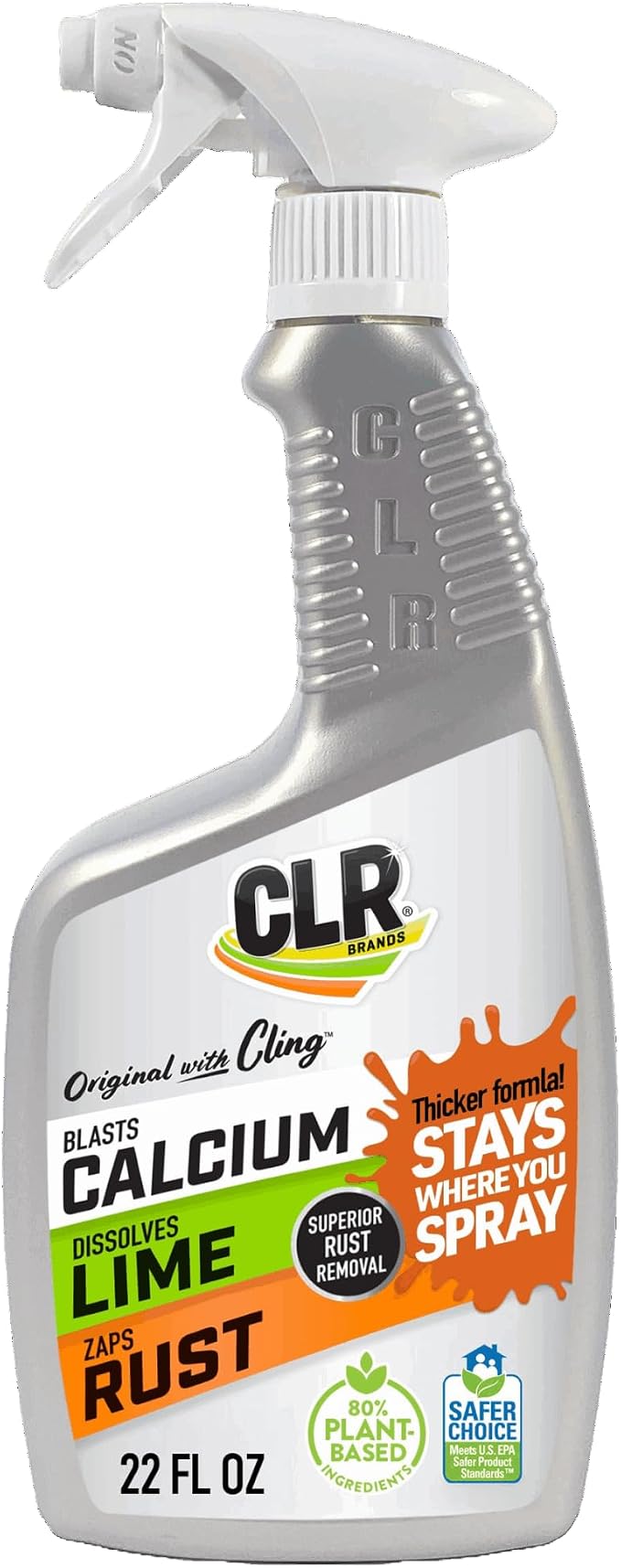 CLR Brands Calcium, Lime and Rust Remover with Cling, 22 oz. Spray Bottle | Adheres to Hard-to-Reach Surfaces, Blasts Calcium, Dissolves Lime Deposits, Zaps Stubborn Rust Stains and Hard Water Deposits