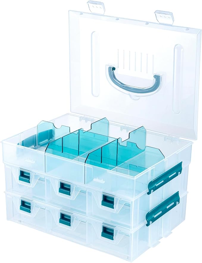 MyGift 11 Inch Clear Arts and Crafts Stackable Container, Sewing Supplies Storage Organizer Case with Blue Accents, 24 Customizable Compartments, and 6 Drawers with Removable Dividers