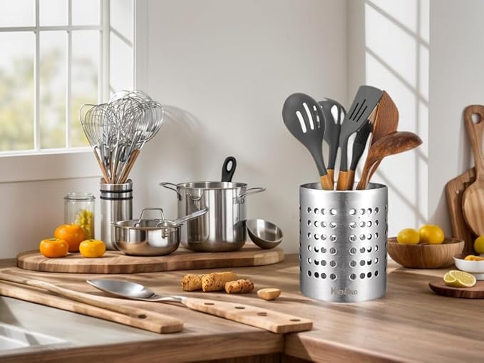 KSENDALO Metal Utensil Holder Set, Small SUS304 Steel Utensil Holder Flatware Silverware Spatulas Utensils Drying Rack for Kitchen Countertop, Kitchen Home Office Organizers ,Silver (3 Pack) | SUS304 Stainless Drying Rack Set for Small Flatwares, Silve...