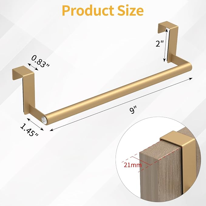 STWWO Over The Door Towel Rack, Kitchen Towel Holder Over Cabinet Door Towel Bar Stainless Steel for Cupboard for Kitchen Dish Towel Holder Hanger Rv Towel Rack, 2 Pack (Gold)