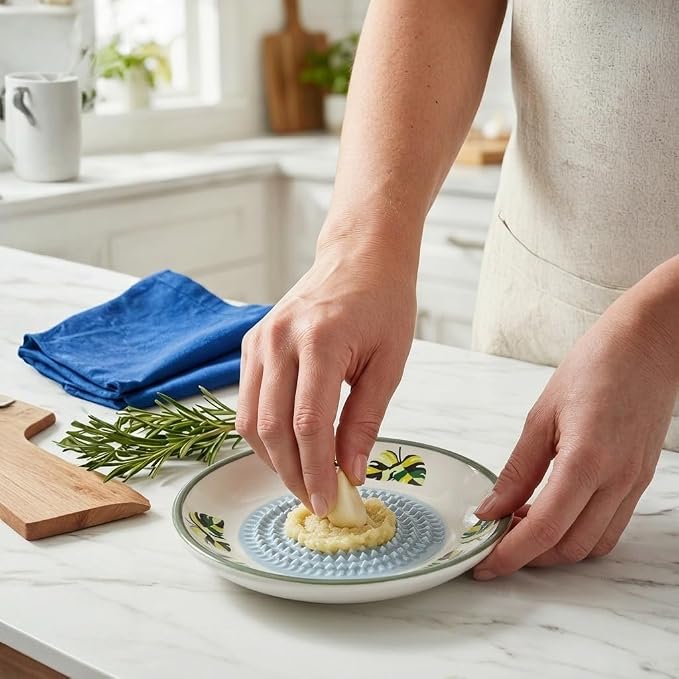 4.72" Handcrafted Ceramic Garlic Grater Plate Set - Handmade Porcelain Food Mincer with Wood Brush & Textured Silicone Peeler - Sage Green Tropical Palm Leaf Kitchen Gift