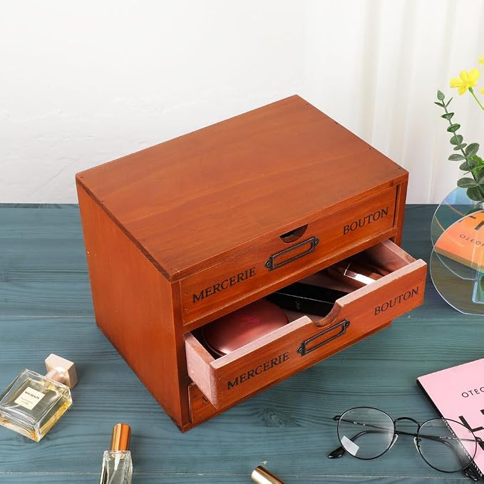 Small Wooden Drawers Wooden Box with Drawer Brown | 3 Drawer Storage Box for Apothecary Cabinet, Apothecary Drawers，Desktop Organizer with Metal Handles for Office，Home