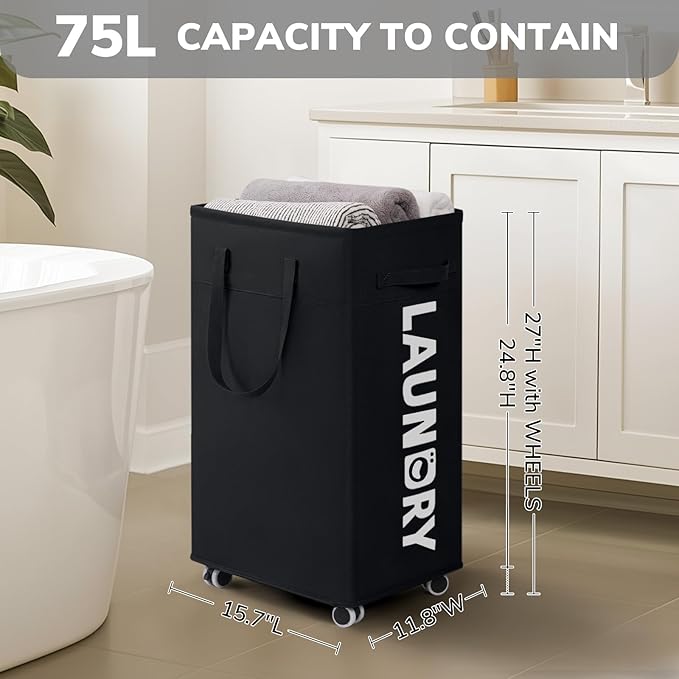 Goodpick 2-Pack Dirty Clothes Hamper with Wash Bag, Rolling Hamper,75L | Black Laundry Hamper with Wheels, Large Laundry Basket with Handles for Dorm Laundry Room, Rolling Laundry Basket