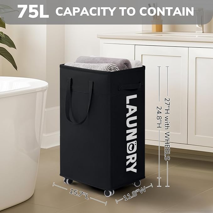 CHICVITA 75L Laundry Basket with Wheels 2-Pack, Wash Bags, Black | Tall collapsible laundry basket set for corner spaces and college dorms. Removable wash bags included