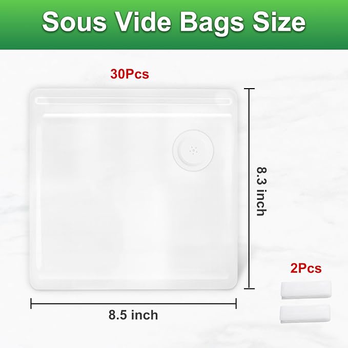 Higfra Reusable BPA Free Vacuum Sealer Bags (8.5 * 8.3in), 30 Pcs & 2 Seal Clips, Upgraded Valve Plastic, Clear, Double Zipper Seal, Microwaveable, Food Storage, Cooking