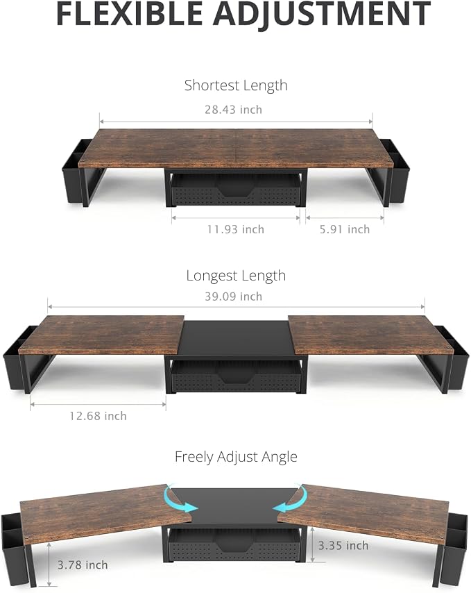 OPNICE Desk Organizers and Accessories, Dual Monitor Stand Riser with Drawer and 2 Pen Holders, Desk Shelf Computer Racks for Office Workspace Organizers, Desktop Organization (Rustic Brown)
