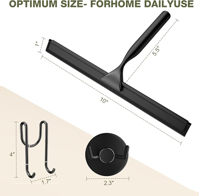 FARMER Shower Squeegee for Glass Doors, 10-Inch Glass Squeegee for Windows, Car Glass and Mirrors, Multi-Purpose Stainless Steel Squeegee with Suction Wall Hook and Over Door Hook, Black