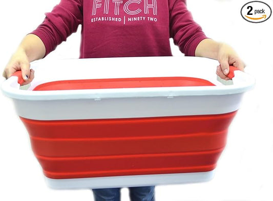 SAMMART Set of 2-41L(10.8 gallon) Collapsible Plastic Laundry Basket-Pop Up Storage Container-Portable Washing Tub-Space Saving Hamper/Basket, Water capacity:32L(8.4 gallon) (2 Rectangular, Red)